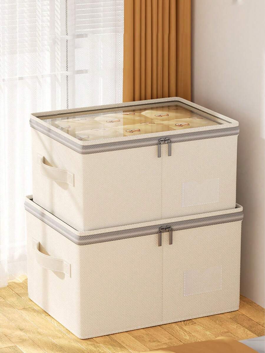 1pc Dustproof Cotton And Linen Clothes Storage Box With Cover, Thickened Washable Clothes Storage Box, Dormitory Wardrobe, Pants Storage Basket - Multicolor - View 1
