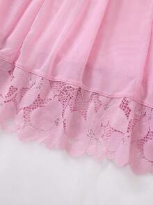 2 piezas Conjunto de ropa de dormir sexy para mujer de unicolor con encaje en contraste, vestido camiseta escotado en V y espalda descubierta, tanga, camisón cómodo