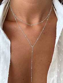 1 Pc Silver Elegant Long Pendant Necklace, Jewelry Y-Shaped Chain With Round Ball Double Layered Pendant, Suitable For Women's Daily Wear, Fashionable And Elegant Four Season Necklace, Simple And Fashionable Party Necklace, Minimalist Gift Necklace, Lightweight And Luxurious Office Four Season Necklace, Surprising Exquisite Gift - Bạc - Xem 3