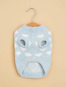 1pc Soft, Fluffy Blue, Red, Pink All-Over Heart Print Wool Sweater Vest, Warm Dog Clothing - Blue - View 6