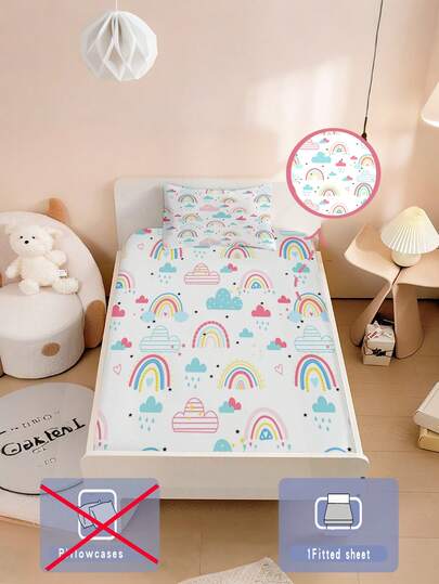 1 PIEZA 110g Tela, Múltiples patrones arcoíris, Sábana individual, Tela de poliéster, Tecnología de impresión digital, Sábana con elástico totalmente envolvente, Múltiples tamaños disponibles, Adecuado para bebés y niños
