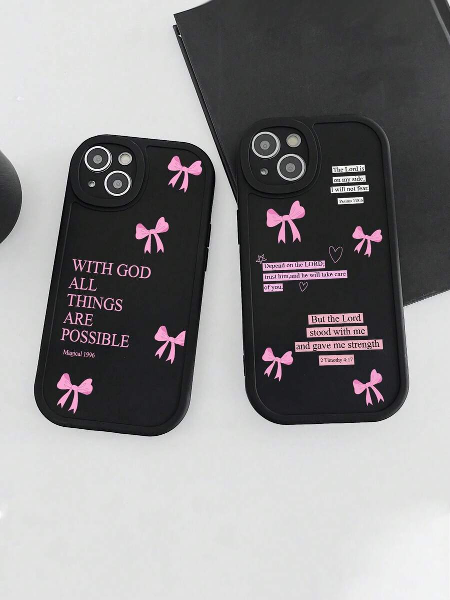 Ốp điện thoại thời trang TPU màu hồng đen họa tiết nơ, chống sốc, 2 chiếc. Ốp điện thoại TPU màu đen thời trang với họa tiết nơ hồng và dòng chữ "God", họa tiết trái tim, khẩu hiệu Kinh thánh về đức tin Cơ đốc, bảo vệ 360° chống rơi, tương thích với iPhone & Galaxy, phiên bản quốc tế, không phải phiên bản nội địa. Quà tặng sinh nhật mùa xuân. - Nhiều màu - Xem 1