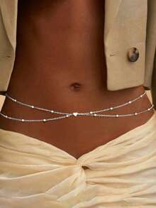 1 件女士时尚铁合金球链心形吊坠腰链，性感个性化百搭身体链，适合夏季海滩度假穿着