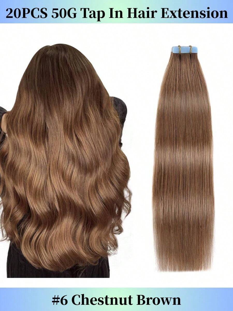Tape In Hair Extensions Human Hair Chestnut Brown 100% Remy Human Hair 16-26 Inches 20pcs 50g/Pack Straight Seamless Skin Weft Tape In Extensions(16-26 Inches #6 Medium Brown) - S6 - 查看 1