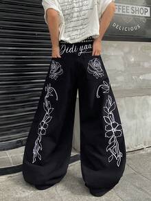 1pc Vintage American Style Patchwork Embroidered Distressed Relaxed Fit Wide Leg Jeans For Men (Belt And Accessories Not Included) - Black - View 9