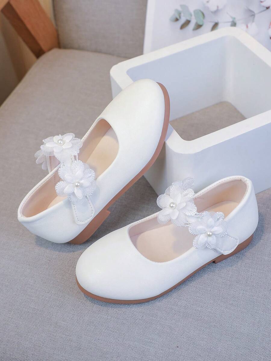 Girls' Lace & Faux Pearl Decor Fashion Casual Flats - White - View 1