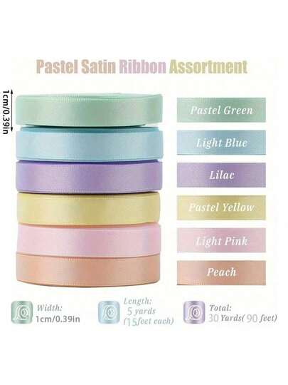 6 Rolls Of 1 Inch Pastel Satin Ribbon | Gift Packaging Ribbon Set For Flower Bouquets, Crafts, Birthdays, Parties, Weddings, Graduation Party Decorations - 30 Yards