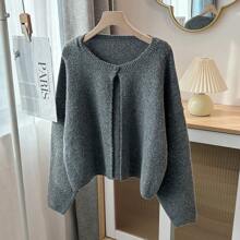 森雅女装秋冬新款单扣圆领长袖针织开衫，灰色宽松休闲日常毛衣上衣，休闲斗篷针织外套 - 深灰色 - 查看 8