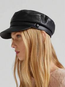 1pc Women's Black Flat Top Beret Hat, Versatile PU Painter Beret, Pumpkin Hat, Autumn/Winter Autumn Accessories - Multicolor - View 1