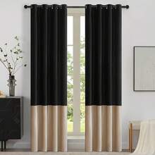 Black Gold Color Block Window Curtains Panels 84 Inches Long Farmhouse Drapes Bedroom Living Room Darkening Treatment With Grommet Set Home Decor - 黑色和香檳色 - 查看 1