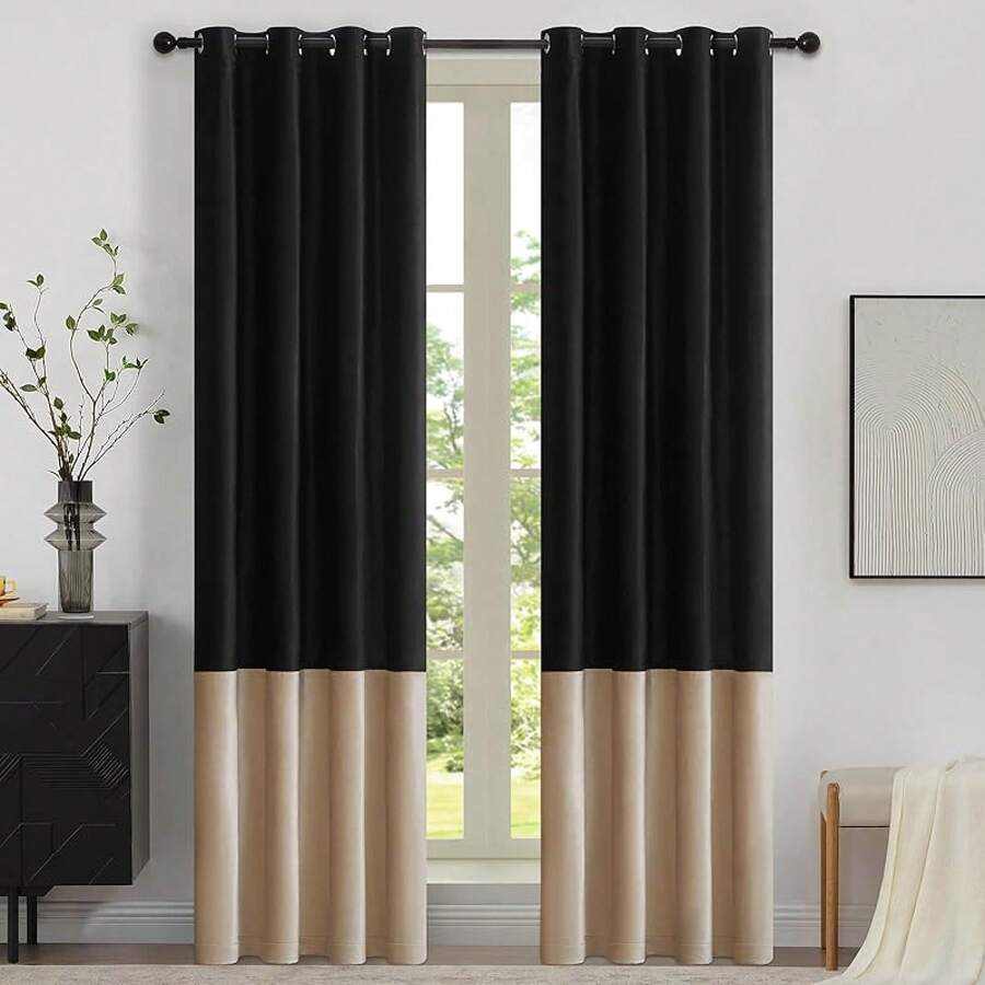 Black Gold Color Block Window Curtains Panels 84 Inches Long Farmhouse Drapes Bedroom Living Room Darkening Treatment With Grommet Set Home Decor - 黑色和香檳色 - 查看 1
