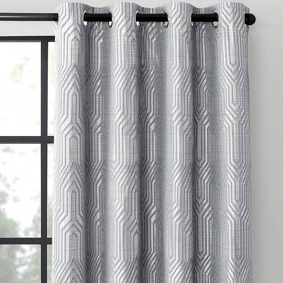Beige And Black% Blackout Geometric Pattern Curtains, 52 Inch Wide 96 Inches Long 2 Panels, Thermal Insulated Noise Reducing Anti-Rust Grommet Drapes Bedroom Living Room,, Modern Style, Energy-Efficient - 灰色和銀色 - 查看 1