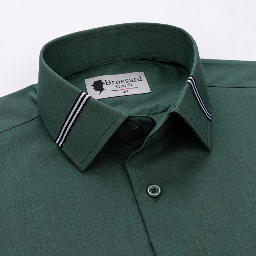 [Tedelon]56% Polyester 40% Cotton 4% Spandex ,Slim Fit Dress Shirt -Formal/Casual Shirt With Contrast Collar & Cuff Details, Breathable Cotton Blend For Business - 草綠 - 查看 1