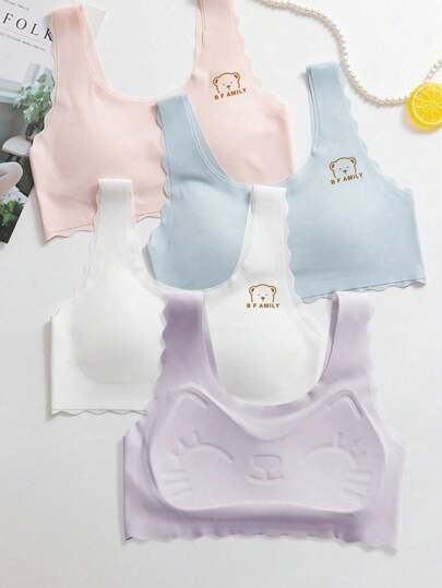 Set de 4 sujetadores deportivos sin costuras con relleno para niñas, diseño cómodo y transpirable, disponible en blanco, azul y beige, adecuado para niñas de 8 a 16 años, apto para uso escolar, casual y deportivo