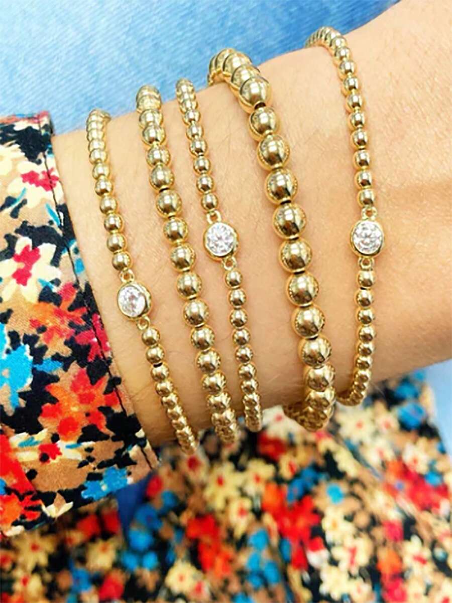 3/5/7-Piece Round Diamond Golden Bead Bracelet Set Exquisite And Cute, One Of The Best Gifts For Elegant Women