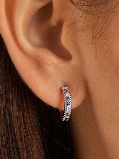 1 Par de Brincos de Argola Minimalistas com Zircônia Cúbica Colorida, Adequado para Uso Diário, Encontros, Festas, Joias de Cobre