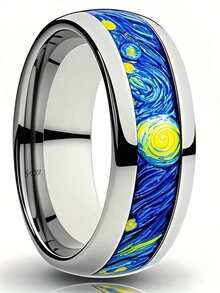 1 chiếc nhẫn đôi bằng thép không gỉ hình đêm đầy sao - Nhẫn cưới cổ điển 8mm, Thiết kế theo phong cách Van Gogh, Quà tặng độc đáo cho anh ấy, Quà tặng nghệ thuật cho đám cưới hoặc dịp đặc biệt | Có họa tiết - Nhiều màu - Xem 3