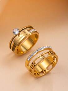 2 Stücke/Set einfache 4MM Zirkonia Dekor Edelstahl Ring für Frauen