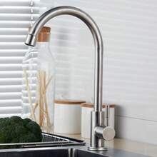 1 pieza Grifo de cocina de acero inoxidable de alta calidad, grifo de fregadero de agua fría, grifo giratorio 360° a prueba de salpicaduras, grifo de lavabo de baño de acero inoxidable, artículos de cocina, accesorios de cocina, utensilios de cocina - Plateado - Ver 3