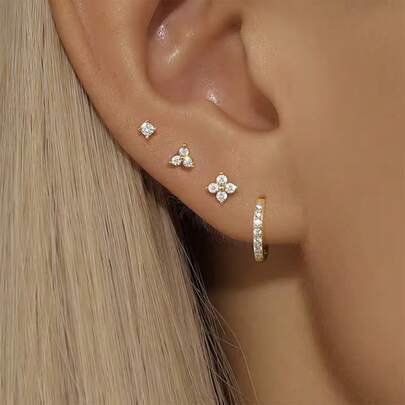 4 件 18K 镀金花朵圆形穿孔耳环套装 女士锆石朋克耳钉耳环首饰 情人节、妈妈、母亲节、礼物