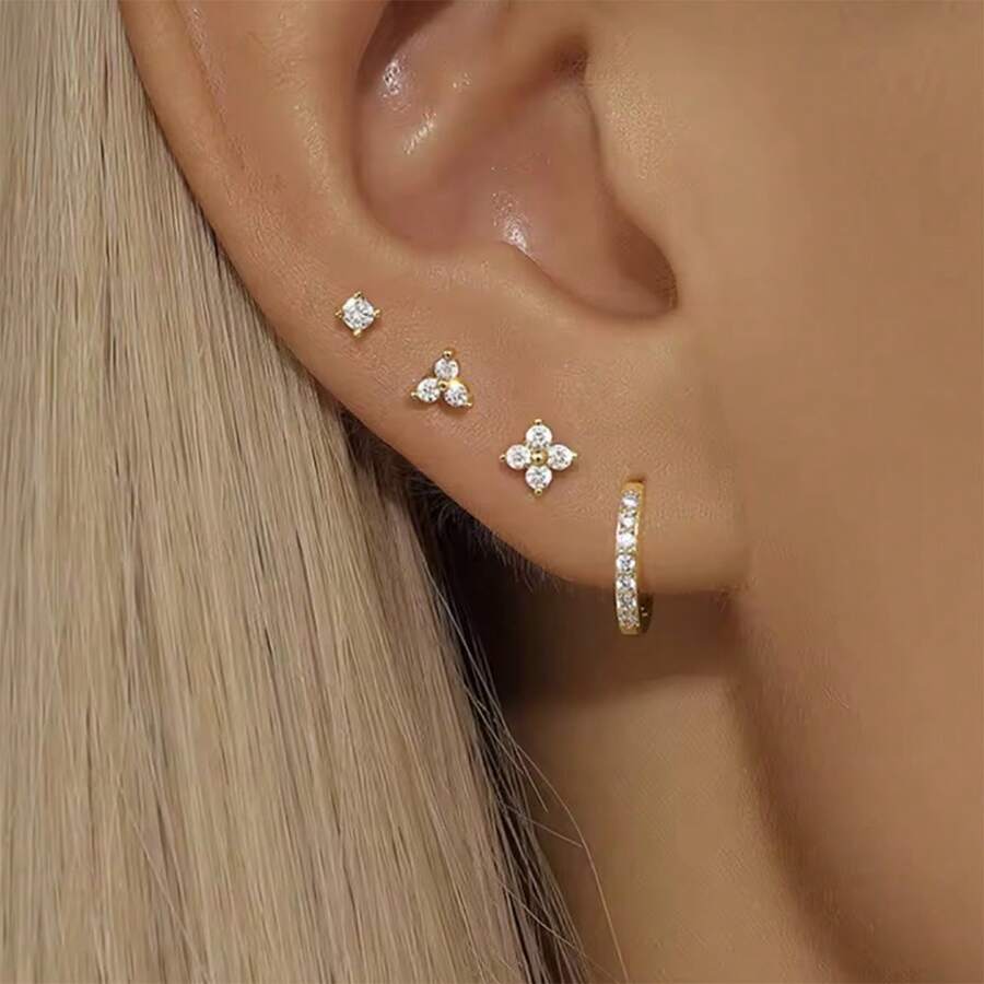 4 件 18K 镀金花朵圆形穿孔耳环套装 女士锆石朋克耳钉耳环首饰 情人节、妈妈、母亲节、礼物 - 4 - 查看 1