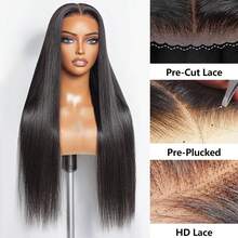 40 Inch Straight 6x4 HD Transparent Lace Closure Wigs Human Hair 4x6 Lace Straight Put On And Go Glueless Wigs Pre Plucked Pre Cut Lace Wig For Women 200% Closure Wig Nautural Black - Natural Black - 查看 4