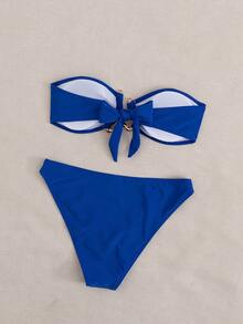 Women's Sexy Strapless Bikini Set With Golden Clips Decor, Two-Piece Swimsuit For Party & Beach - Sapphire - View 2