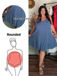 Enliva Abito a spalla larga con volant per taglie comode, monocromatico, per l'estate - Blu - Visualizzare 1