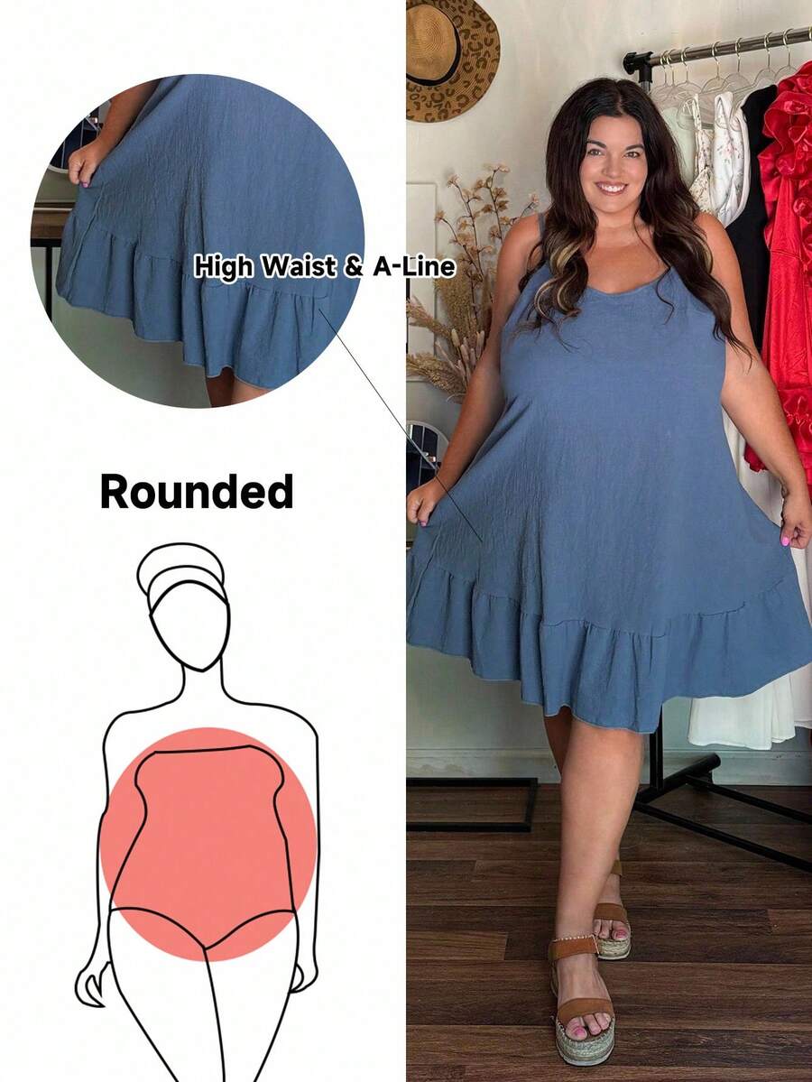 Enliva Abito a spalla larga con volant per taglie comode, monocromatico, per l'estate - Blu - Visualizzare 1