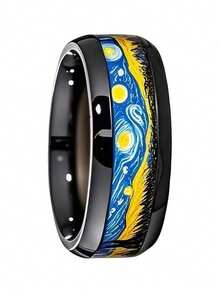 1 chiếc nhẫn đôi bằng thép không gỉ hình đêm đầy sao - Nhẫn cưới cổ điển 8mm, Thiết kế theo phong cách Van Gogh, Quà tặng độc đáo cho anh ấy, Quà tặng nghệ thuật cho đám cưới hoặc dịp đặc biệt | Có họa tiết - Nhiều màu - Xem 4