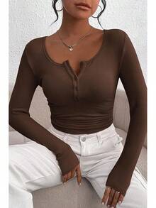 Women's 2026 Fall Long Sleeve Henley T Shirts Button Ribbed Knit Slim Fit Basic Tops Blouse Casual Outfits/Vacation Outfits Women/Valentine Outfits For Women - 咖啡 - 查看 7