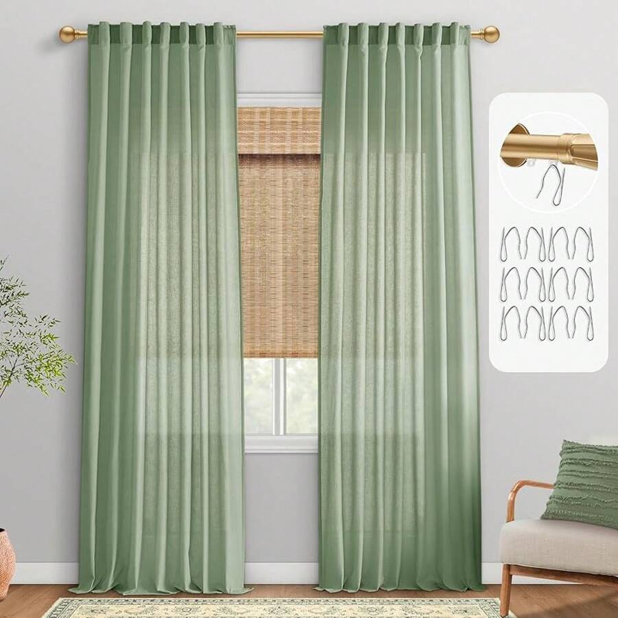 Coquette White Linen Bedroom Sheer Curtains 108 Inches Long, Back Tab Pleated Long Curtains, Elegant Modern Long White Curtains Living Room, 9 FT - 鼠尾草綠 - 查看 1