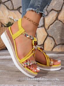 Sandales à semelle épaisse pour femmes, décorées de gros strass en perle, sandales bohèmes à bout ouvert avec semelle épaisse. Associées à 1 pièce design monobloc élastique, talon moyen, semelle épaisse confortable, talon compensé, légères, sandales romaines tressées décontracté, adaptées pour l'été