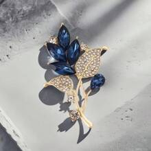 1pc Floral Rhinestone & Blue Gemstone Decor Minimalist Zinc Alloy Brooch - A - View 1