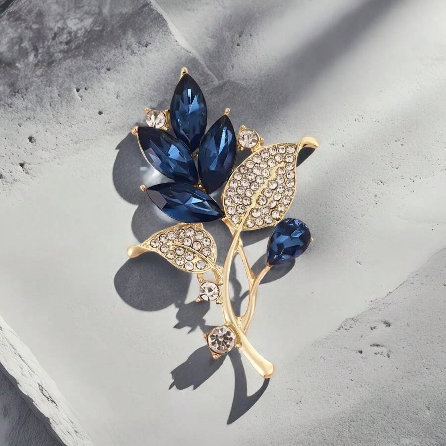 1pc Floral Rhinestone & Blue Gemstone Decor Minimalist Zinc Alloy Brooch - A - View 1
