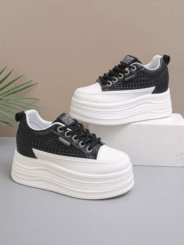 Zapatillas con plataforma para mujer, zapatillas casuales con cordones de unicolor y estilo colegial, adecuadas para la oficina y todas las estaciones