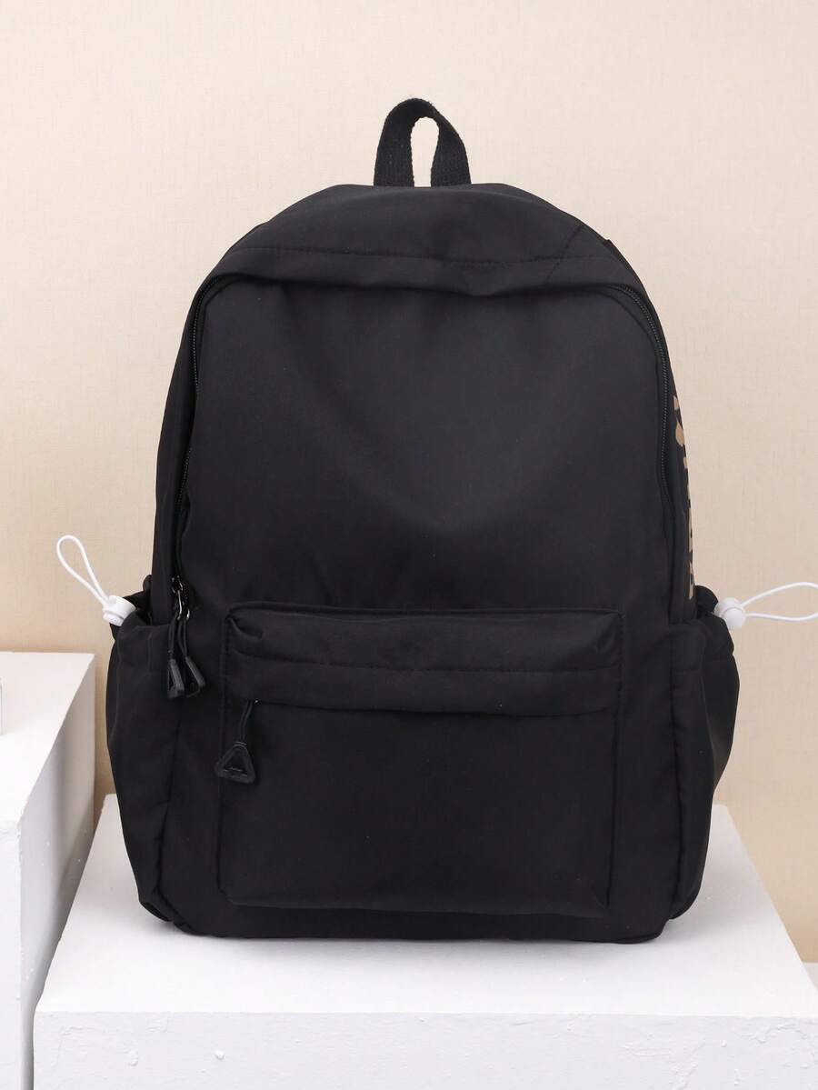 1 szt. Czarny nylonowy materiał, gładki zamek błyskawiczny, nadruk liter, dekoracja, sznurek ściągający, modny, jednolity kolor, duża pojemność, plecak unisex z przegrodą na komputer