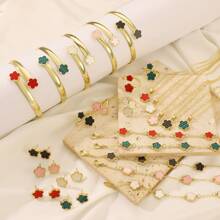 6 pezzi set di gioielli in lega a forma di foglie e quadrifogli per donne - bracciale, collana, orecchini a perno, ciondolo a fiore della fortuna