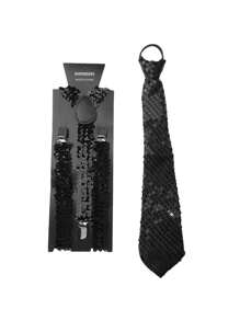 1 套男士女士闪亮亮片领结和吊带套装，纯色亮片后领带套装，派对表演吊带套装，非常适合节日、聚会和正式活动，是晚宴、聚会和情人节的完美礼物