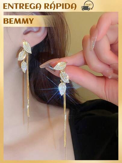 BEMMY Brincos Elegantes de Borla Com Folhas de Strass, Brincos Longos de Borla Para Mulheres, Adequado Para Jantar e Festa