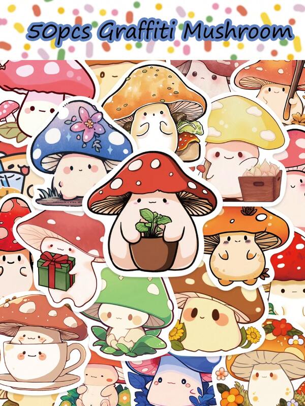 50pcs Multi-Coloured Mixed Colours Mushroom Stickers Irregular Shapes For Diary Skateboards Guitar Cases Motorcycle Cases Tissue Boxes Desktop Helmets Water Bottles Decorative Stickers Graffiti Creativity Wind Perfect For Reward Gifts And Party Supplies