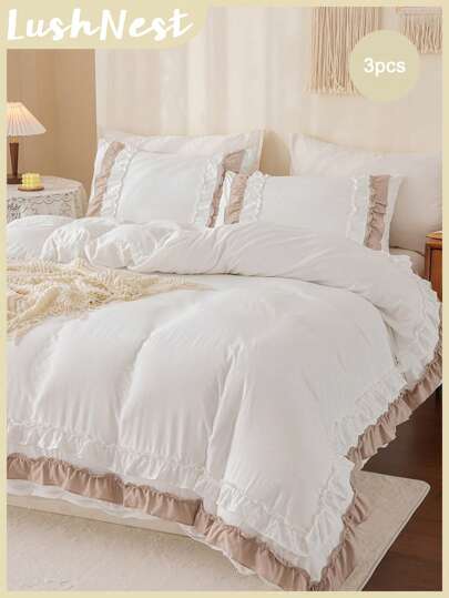 波西米亚农舍风格床上用品套装，纯白色双人荷叶边被套，可选单人/双人/特大号尺寸，三件套，超柔软透气超细纤维被套，1 个拉链封口被套，2 个枕套，不含被芯，男女通用，四季皆宜，非常适合宿舍使用
