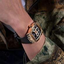 Guess 男士 Tonneau 多功能石英表 GW0202G1 黑色镂空表盘和弹性表带休闲手表适合日常商务聚会佩戴，是送给父亲男友的生日礼物 - 金色 - 查看 10