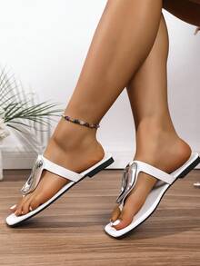 Women's New Square Toe Flip Flops, Fashion Versatile Casual Flat Thong Sandals With Silver Plastic Buckle For Summer Outdoor Wear - Silver Button-white - View 7