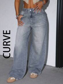 PLUS SIZE Women's Casual Loose-Fit Wide-Leg Denim Pants With Pockets For Daily Wear