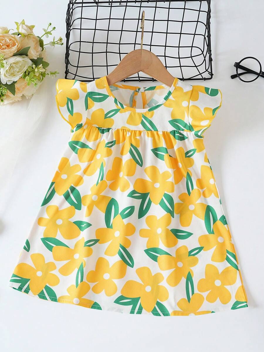 Baby Girl Flower Dress Baby Flying Sleeves Fashion Cute Princess Dress - Yellow - View 1
