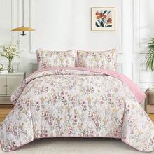 2025 Pink Floral Coverlet Set-Floral Quilted Bedspread Sets (3Pcs),Suitable For Bedroom, Home Room Decor, Dorm Decoration, Valentine Day Gifts, All Seasons - 粉色 - 查看 1