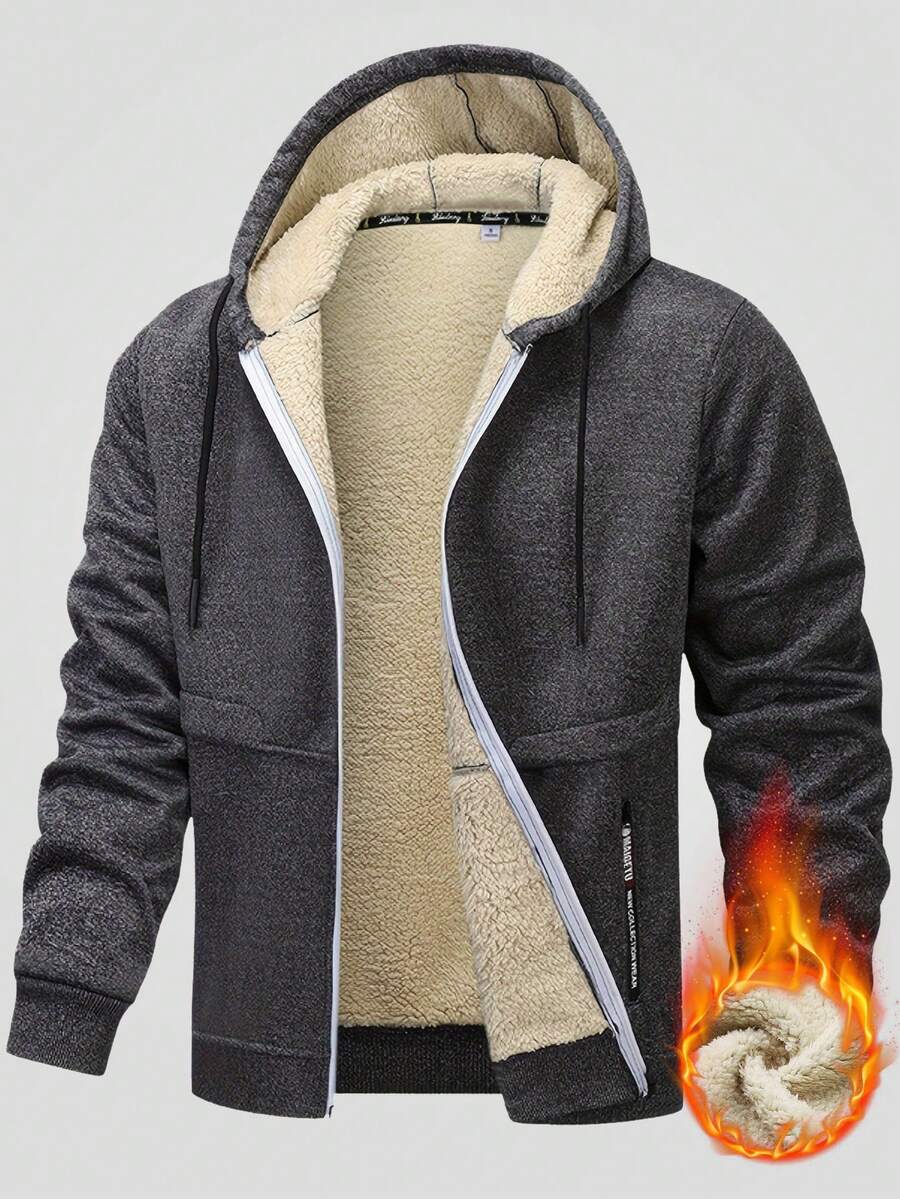 1pc New Sherpa Lined Hooded Cardigan Casual Sports Jacket - Dark Grey - View 1