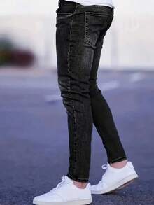 1 件男士灰色弹力紧身破洞百搭牛仔裤，舒适休闲户外修身工装牛仔裤，适合作为送给丈夫/男朋友的礼物，日常穿着