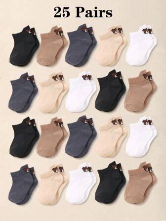25 pares de calcetines para bebés y niños pequeños con patrón de oso en tonos marrones, con puño elástico antideslizante y agarre en el talón. Calcetines casuales y lindos para otoño, suaves, cómodos y versátiles, ideales para uso diario en otoño e invierno, regalos festivos, viajes y atuendos de vuelta a la escuela.